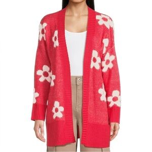 Cute Fluffy Red Cardigan with Daisies​